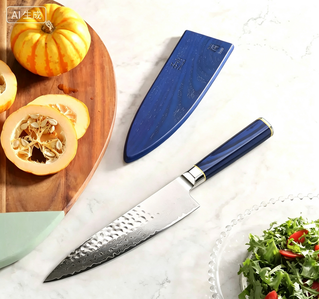 Couteau de chef 8" - Acier Damas martelé avec étui bleu