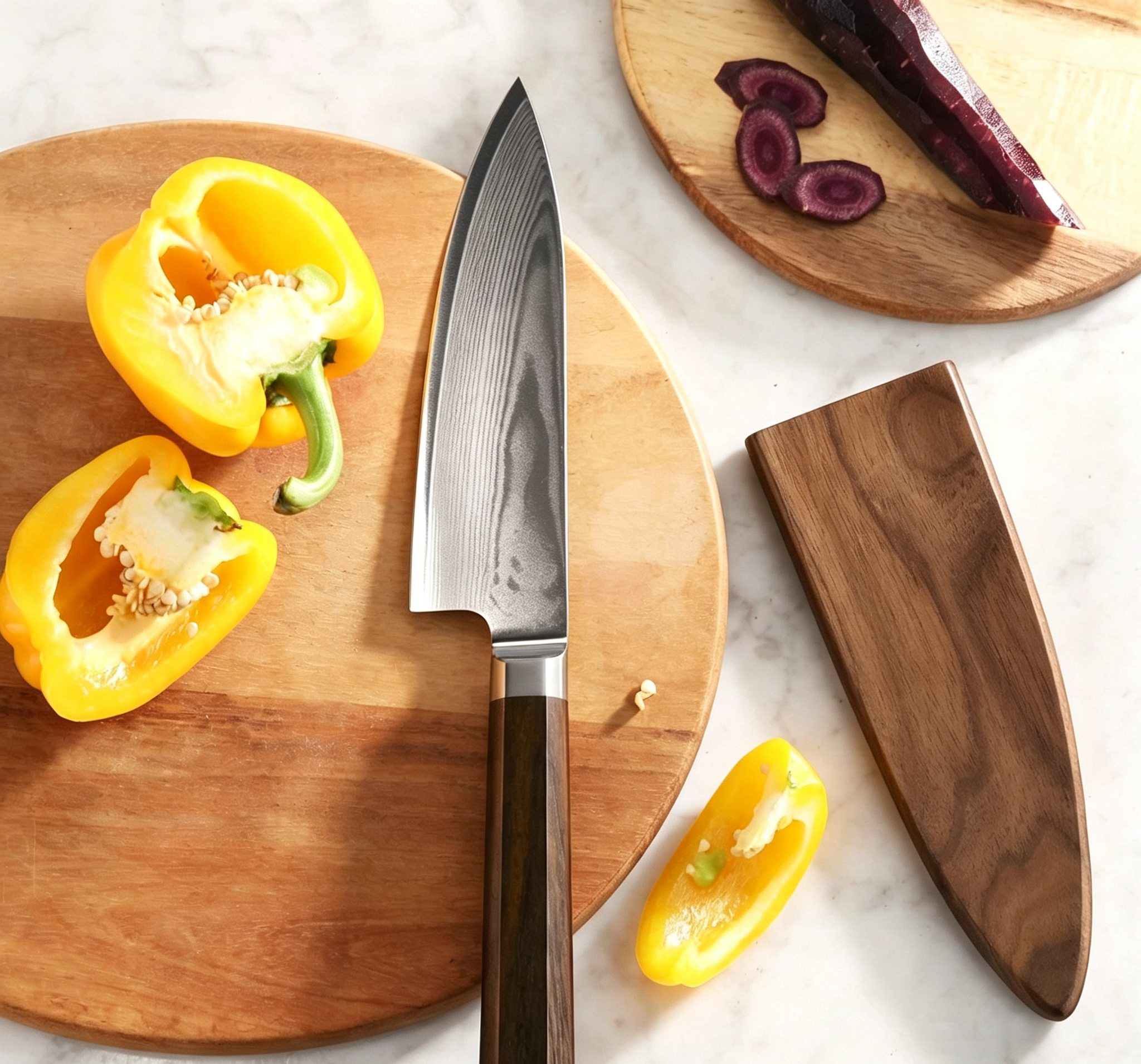 Couteau de chef 6" - Acier Damas avec gaine en noyer