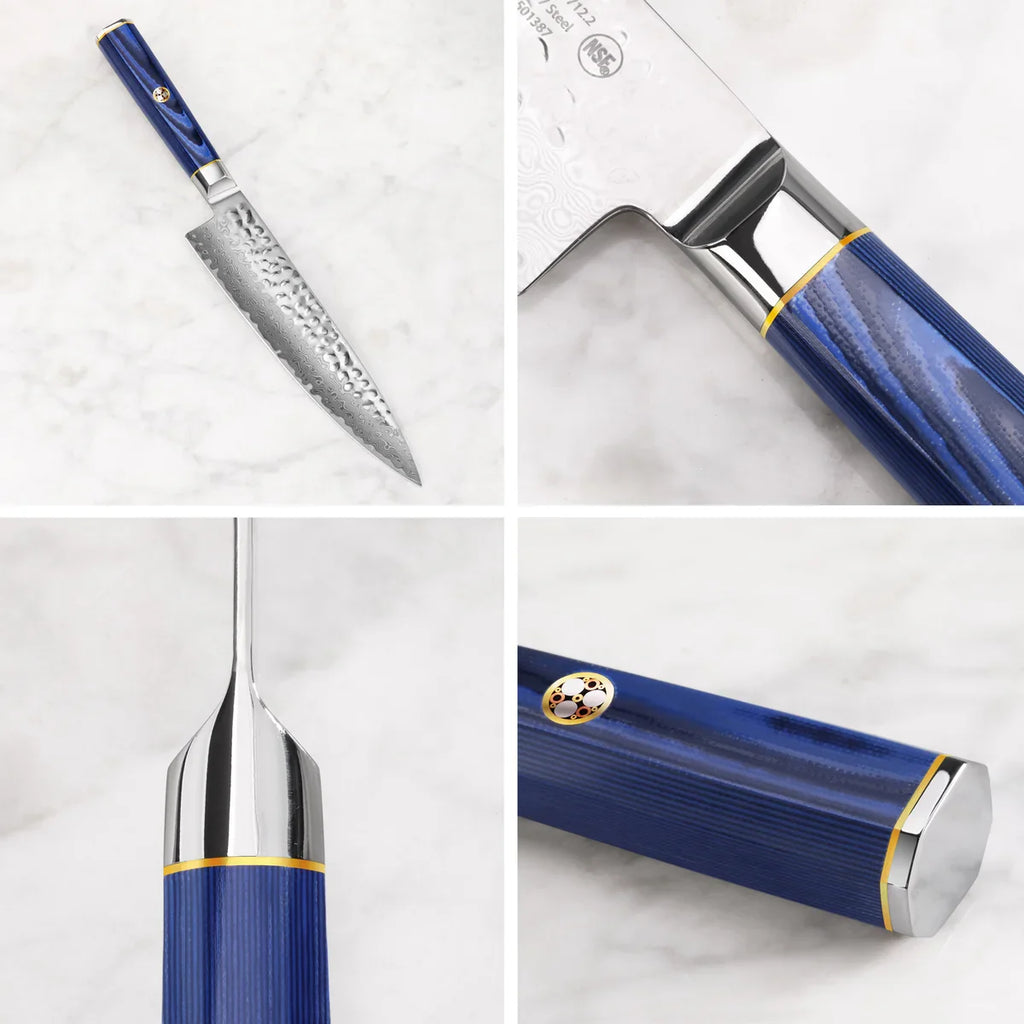Couteau de chef 8" - Acier Damas martelé avec étui bleu
