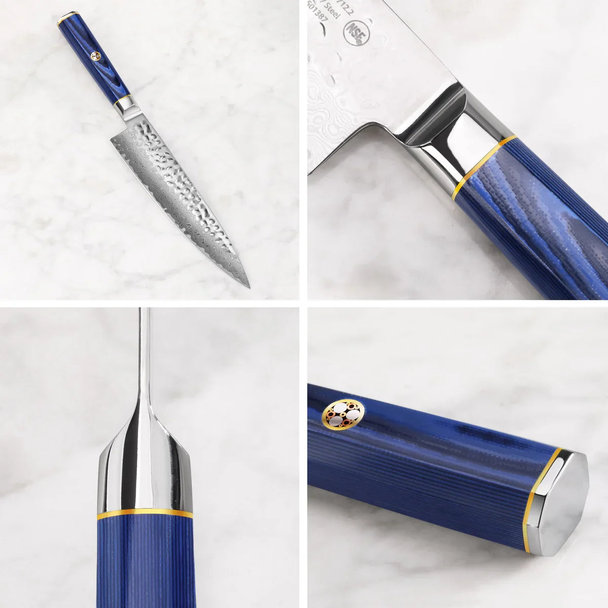 Couteau de chef 8" - Acier Damas martelé avec étui bleu