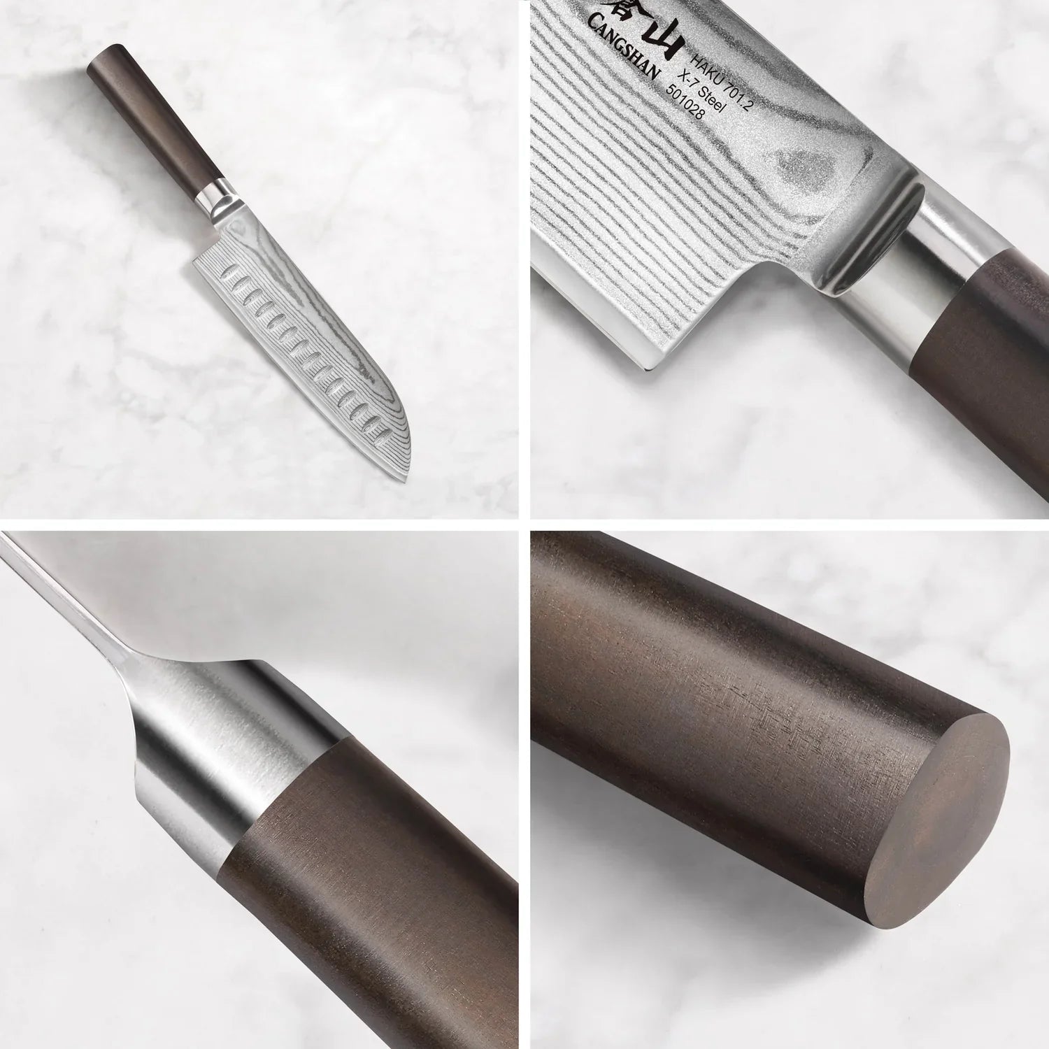 Couteau Santoku 7" avec étui - Acier Damas (Bois noir)